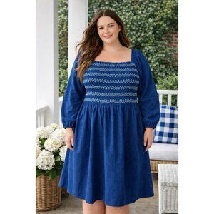 Draper James RSVP Womens Dress Sz 2X Blue Puff Sleeve Smocked Coastal Preppy